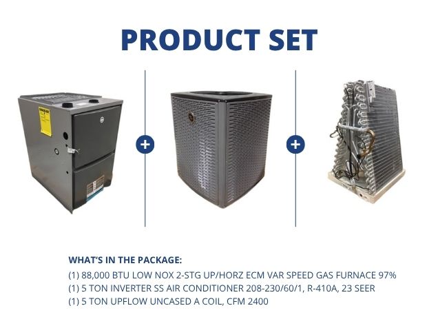 88,000 BTU Low NOx Up/Horz Gas Furnace 97%, 5 Ton Inverter AC 23 SEER with 5 Ton Upflow Uncased Coil