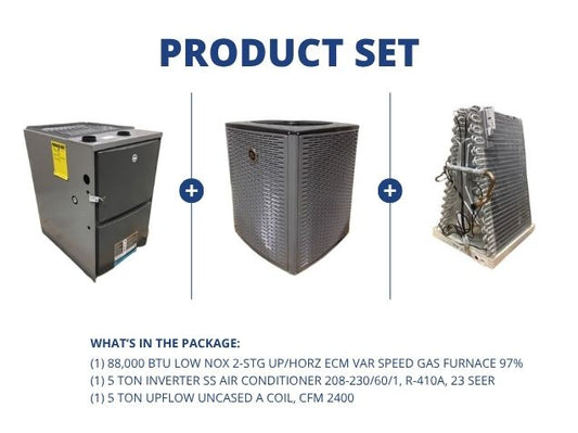 88,000 BTU Low NOx Up/Horz Gas Furnace 97%, 5 Ton Inverter AC 23 SEER with 5 Ton Upflow Uncased Coil
