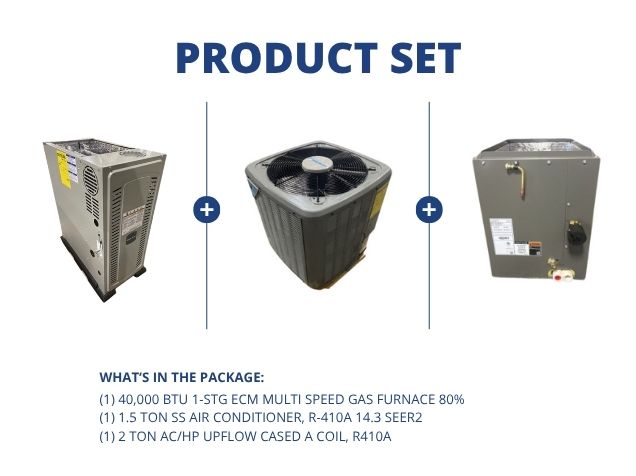 40,000 BTU Multiposition Gas Furnace 80%, 1.5 Ton SS AC R410A 14.3 SEER2 and 2 Ton Upflow A Coil