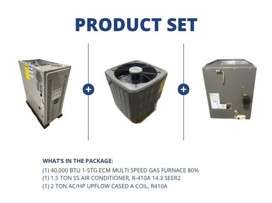 40,000 BTU Multiposition Gas Furnace 80%, 1.5 Ton SS AC R410A 14.3 SEER2 and 2 Ton Upflow A Coil