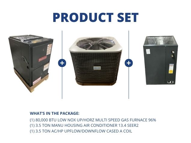 80,000 BTU Low NOx Up/Horz Gas Furnace 96%, 3.5 Ton Manu Housing AC 13.4 SEER2, 3.5 Ton Up/Down Coil