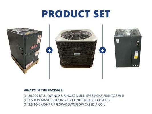 80,000 BTU Low NOx Up/Horz Gas Furnace 96%, 3.5 Ton Manu Housing AC 13.4 SEER2, 3.5 Ton Up/Down Coil