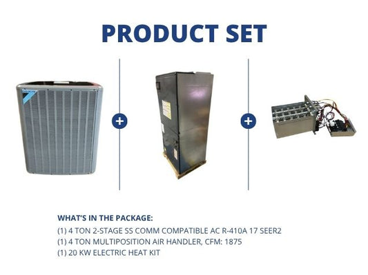 4 Ton 2-Stage SS Comm Compatible AC R-410A 17 SEER2, 4 Ton Multiposition Air Handler with 20 KW Heat