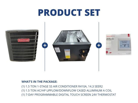 1.5 Ton SS Air Conditioner R410A, 14.3 SEER2, 1.5 Ton Up/Down Cased A Coil R22/R-410A and Thermostat