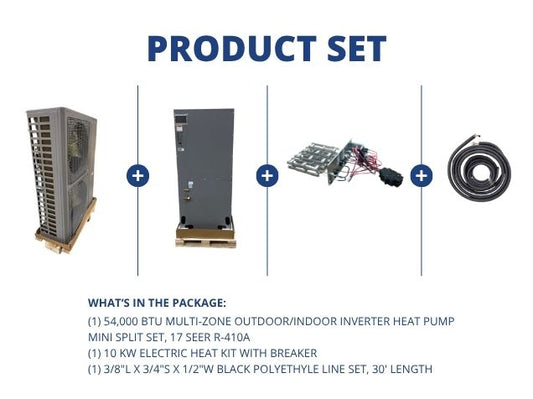 54,000 BTU Multi-Zone Inverter Heat Pump Mini Split Set, 17 SEER R-410A, 10 KW Heat with Line Set
