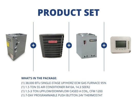 38,000 BTU Up/Horz Gas Furnace 95%, 1.5 Ton AC 14.3SEER2, 1.5-3 Ton Up/Down Cased Coil, Thermostat