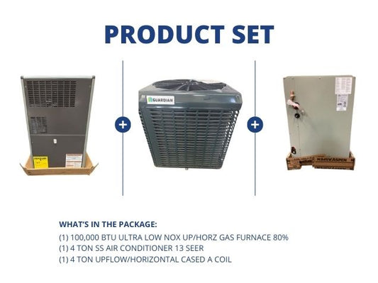 100,000 BTU Ultra Low NOx Up/Horz Gas Furnace 80%, 4 Ton SS AC 13 SEER, 4 Ton Up/Horz Cased A Coil