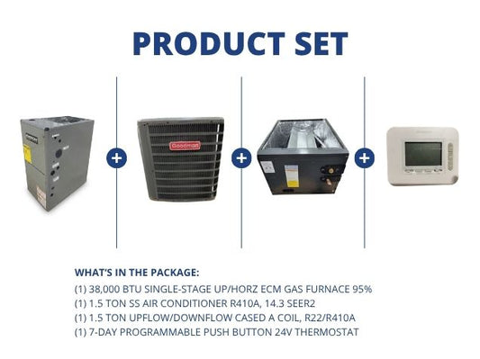38,000 BTU Up/Horz Gas Furnace 95%, 1.5 Ton AC 14.3SEER2, 1.5 Ton Up/Down Cased Coil, 24V Thermostat