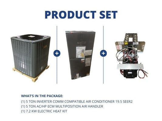 5 Ton Inverter Comm Comp AC 19.5 SEER2, 5 Ton AC/HP ECM Multiposition Air Handler and 7.2kW Heat Kit