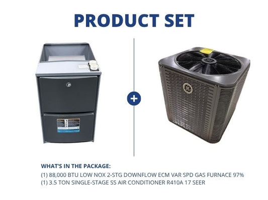 88,000 BTU Low NOx 2-Stg Downflow ECM Var Spd Gas Furnace 97% with 3.5 Ton 1-Stg SS AC R410A 17 SEER