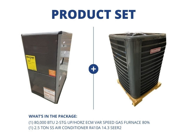 80,000 BTU 2-Stg Up/Horz ECM Var Spd Gas Furnace 80% and 2.5 Ton SS Air Conditioner R410A 14.3 SEER2