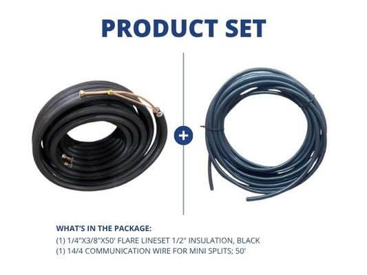 1/4"x3/8"x50' Flare Lineset 1/2" Insulation, Black with 14/4 Communication Wire for Mini Splits; 50'
