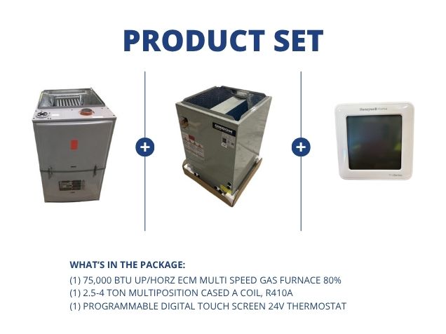 75,000 BTU 1-Stg Up/Horz ECM Gas Furnace 80%, 2.5-4 Ton Multi Cased A Coil, R410A and 24V Thermostat