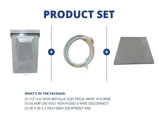 1/2" X 6" Electrical Whip with 60A 240V Non-Fused 3-Wire Disconnect and 36x36x2" Gray Equipment Pad