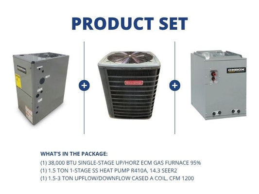 38,000 BTU Up/Horz Gas Furnace 95%, 1.5 Ton Heat Pump 14.3 SEER2, 1.5-3 Ton Up/Down Cased Coil R410A