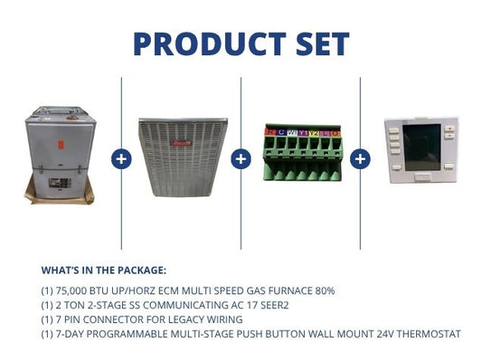 75,000 BTU Up/Horz ECM Gas Furnace 80%, 2 Ton SS Comm AC 17 SEER2, 7 Pin Connector, 24 V Thermostat