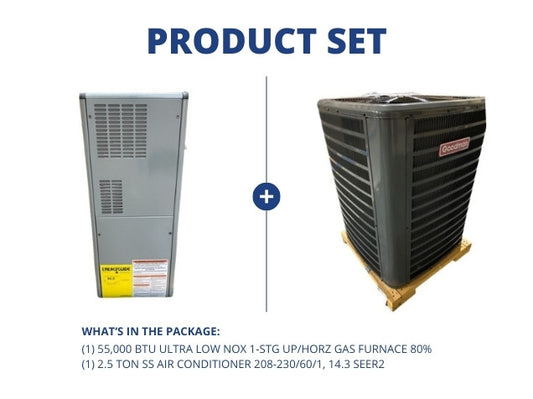 55,000 BTU Ultra Low NOx 1-Stg Up/Horz Gas Furnace 80% with 2.5 Ton SS AC 208-230/60/1, 14.3 SEER2