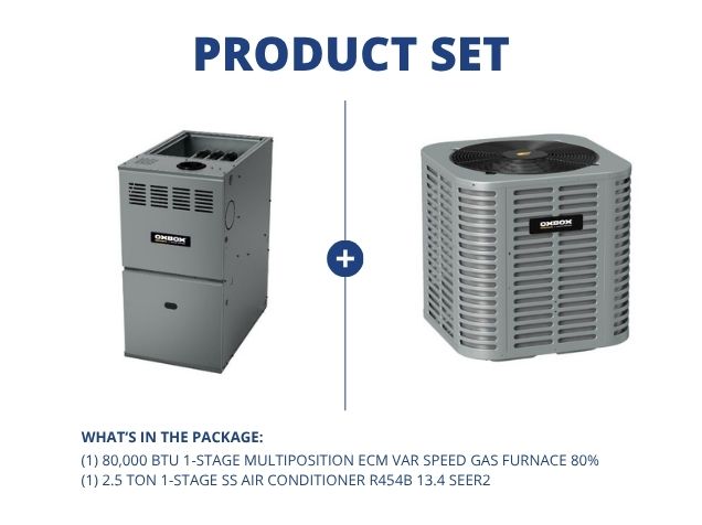80,000 BTU 1-Stg Multiposition ECM Var Spd Gas Furnace 80% with 2.5 Ton 1-Stg SS AC R454B 13.4 SEER2