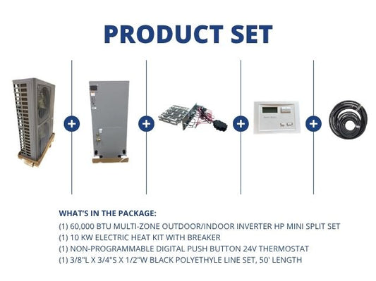 60,000 BTU Outdoor/Indoor Inverter HP Mini Split Set 18 SEER 10KW Heat, 24V Thermostat, 50' Lineset