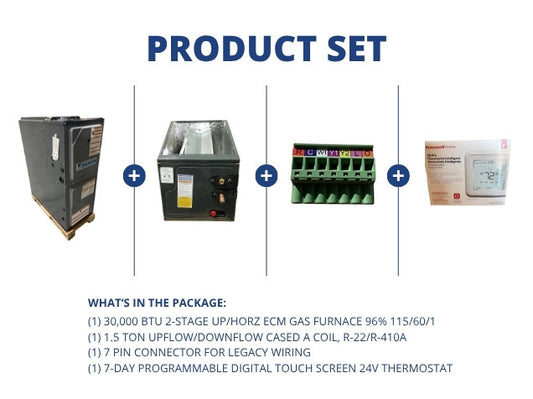 30,000 BTU Up/Horz Gas Furnace 96% with 1.5 Ton Up/Down Coil with 7 Pin Connector and 24V Thermostat