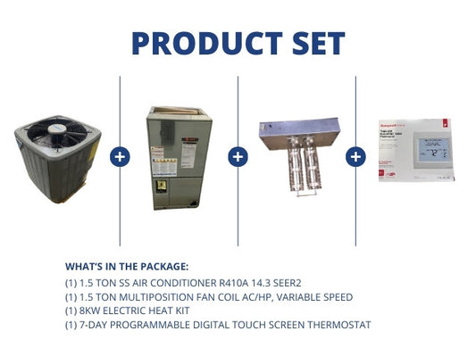1.5 Ton SS AC R410A 14.3 SEER2 and 1.5 Ton Multi Fan Coil with 8kW Heat and Programmable Thermostat