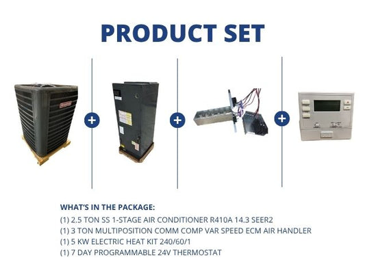 2.5 Ton 1-Stg SS AC 14.3 SEER2, 3 Ton Multi Comm Comp Var Spd Air Handler, 5 kW Heat, 24V Thermostat