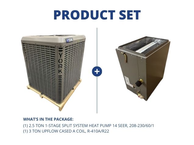 2.5 Ton Single Stage SS Heat Pump 14 SEER, 208-230/60/1 with  3 Ton Upflow Cased A Coil, R-410A/R22