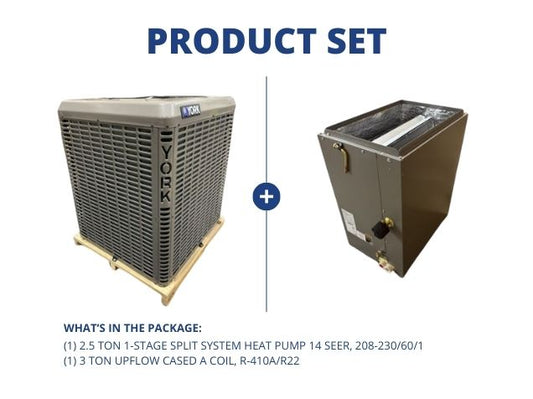 2.5 Ton Single Stage SS Heat Pump 14 SEER, 208-230/60/1 with  3 Ton Upflow Cased A Coil, R-410A/R22