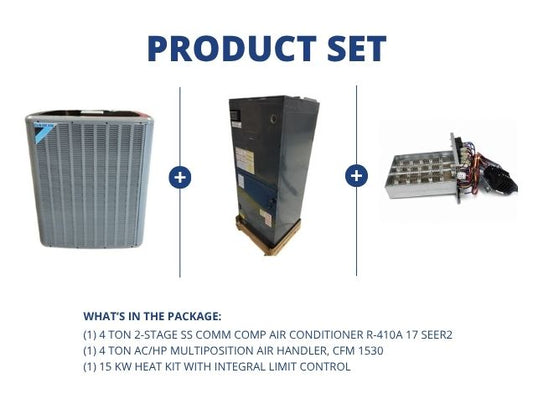 4 Ton Comm Comp AC R410A 17 SEER2, 4 Ton AC/HP Multi Air Handler, 15kW Heat w/Integral Limit Control
