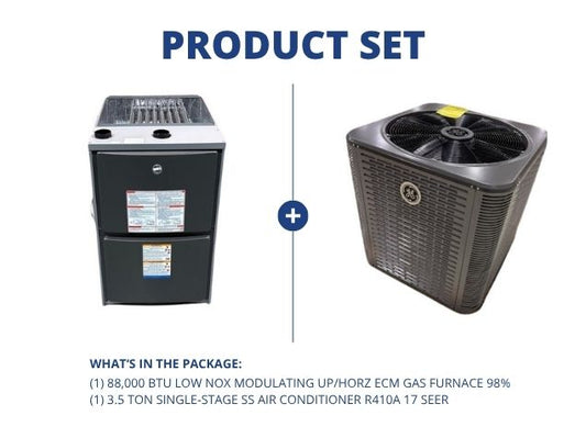 88,000 BTU Low NOx Modulating Up/Horz ECM Gas Furnace 98% with 3.5 Ton 1-Stage SS AC R410A 17 SEER