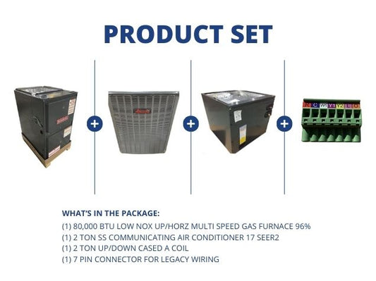 80,000 BTU Low NOx Up/Horz ECM Gas Furnace 96%, 2 Ton Comm AC 17 SEER2, 2 Ton Up/Down Cased "A" Coil