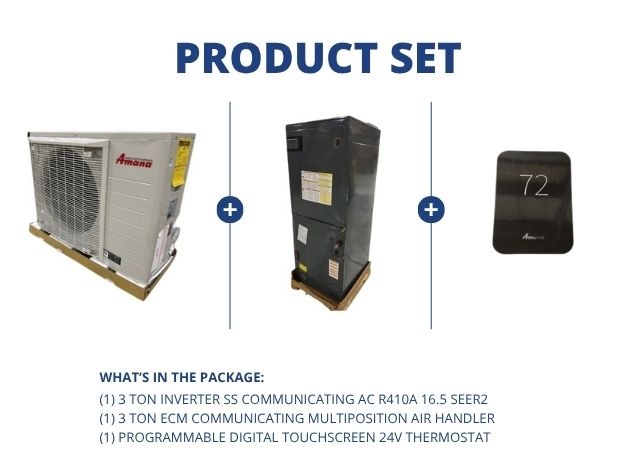 3 Ton Inverter Comm AC R410A 16.5 SEER2, 3 Ton ECM Comm Multiposition Air Handler and 24V Thermostat