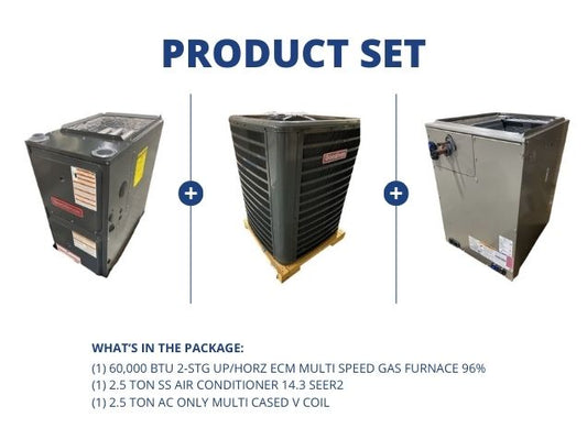 60,000 BTU Up/Horz Gas Furnace 96%, 2.5 Ton SS AC 14.3 SEER2 with 2.5 Ton AC Only Multi Cased V Coil