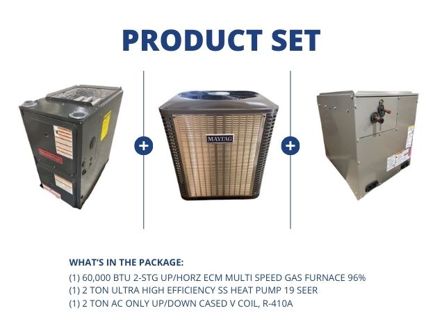 60,000 BTU 2-Stg Up/Horz Gas Furnace 96%, 2 Ton SS HP 19 SEER and 2 Ton AC Up/Down Cased Coil, R410A