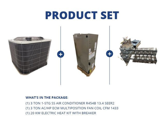 3 Ton 1-Stg Air Conditioner R454B 13.4 SEER2, 3 Ton AC/HP ECM Multiposition Fan Coil with 20 KW Heat