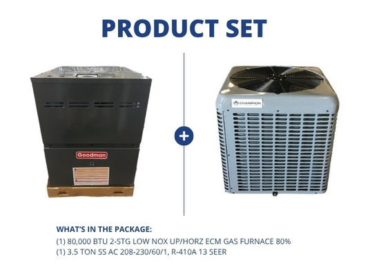 80,000 BTU 2-Stg Low Nox Up/Horz ECM Gas Furnace 80% with 3.5 Ton SS AC 208-230/60/1, R-410A 13 SEER