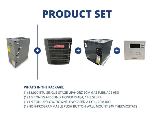 38,000 BTU Up/Horz Gas Furnace 95%, 1.5 Ton AC 14.3 SEER2, 1.5 Ton Up/Down Cased A Coil, Thermostat