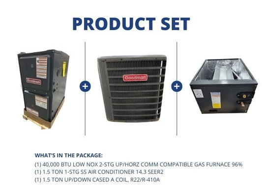 40,000 BTU Low NOx Comm Comp Gas Furnace 96%, 1.5 Ton AC 14.3 SEER2 and 1.5 Ton Up/Down Cased A Coil