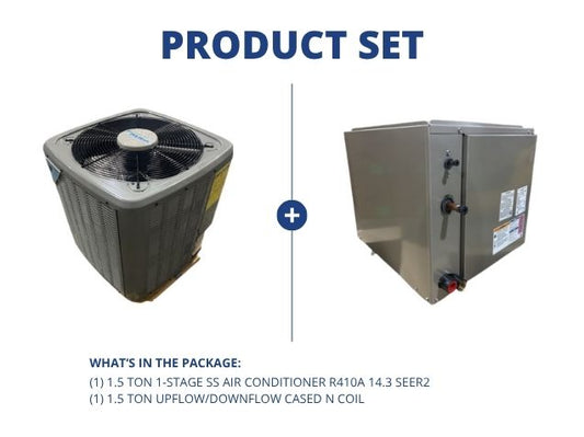 1.5 Ton 1-Stg SS Air Conditioner 208-230/60/1, 14.3 SEER2 and 1.5 Ton Upflow/Downflow Cased N Coil