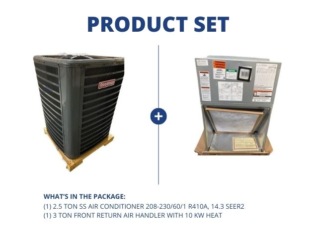2.5 Ton SS Air Conditioner R410A, 14.3 SEER2 and 3 Ton ECM Front Return Air Handler With 10 KW Heat