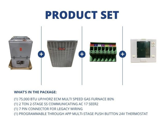 75,000 BTU Up/Horz ECM Gas Furnace 80%, 2 Ton SS Comm AC 17 SEER2, 7 Pin Connector, 24 V Thermostat