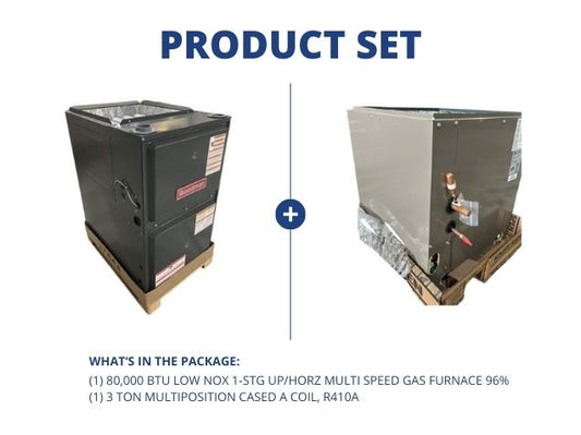 80,000 BTU Low NOx 1-Stg Up/Horz Multi Speed Gas Furnace 96% with 3 Ton Multiposition Cased A Coil