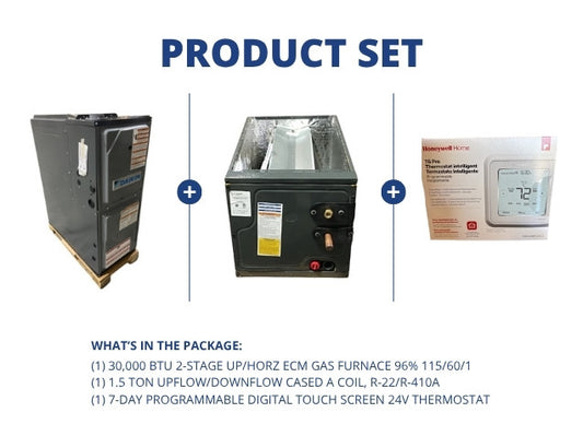 30,000 BTU 2-Stg Up/Horz ECM Gas Furnace 96% with 1.5 Ton Up/Down Cased A Coil and 24V Thermostat