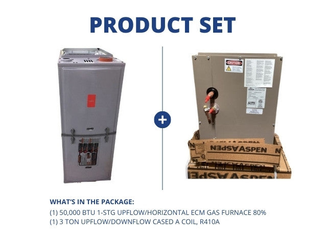 50,000 BTU 1-Stg Upflow/Horizontal ECM Gas Furnace 80% and 3 Ton Upflow/Downflow Cased A Coil, R410A