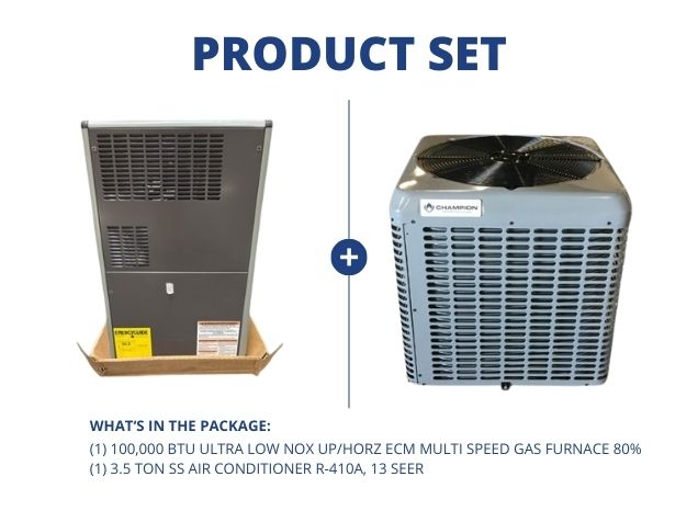 100,000 BTU Ultra Low NOx Up/Horz ECM Multi Speed Gas Furnace 80% and 3.5 Ton SS AC R-410A, 13 SEER