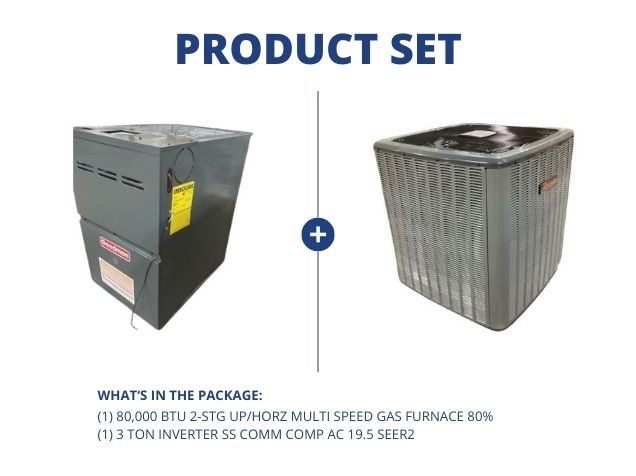 80,000 BTU 2-Stg Up/Horz Multi Speed Gas Furnace 80% with 3 Ton Inverter SS Comm Comp AC 19.5 SEER2