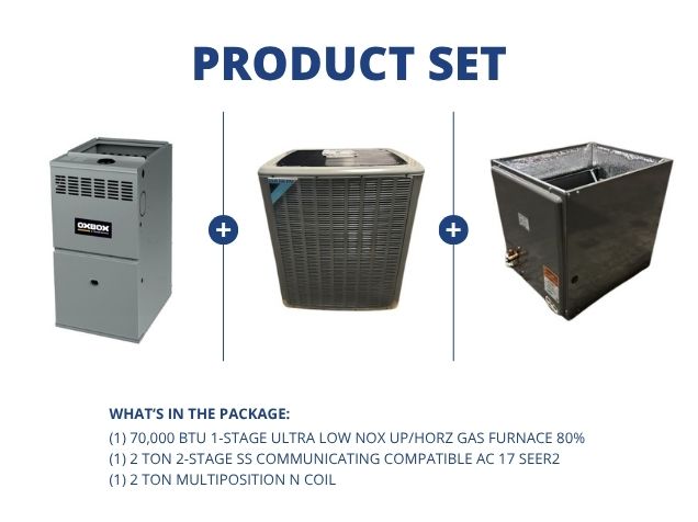 70,000 BTU Ultra Low NOx Up/Horz Gas Furnace 80%, 2 Ton Comm Comp AC 17 SEER2, 2 Ton Multi N Coil