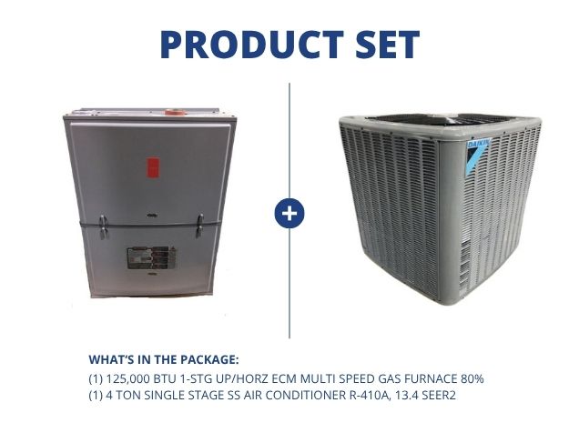 125,000 BTU 1-Stg Up/Horz ECM Multi Speed Gas Furnace 80% with 4 Ton 1-Stg SS AC R-410A, 13.4 SEER2