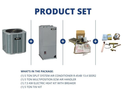 5 Ton SS AC R454B 13.4 SEER2, 5 Ton Multi Air Handler, 7.5KW Heat Kit with Breaker and 5 Ton TXV Kit