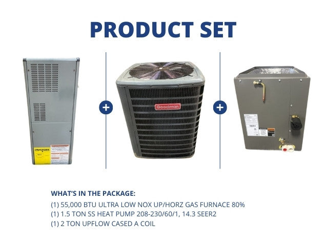 55,000 BTU ULN Up/Horz Gas Furnace 80% and 1.5 Ton SS HP 14.3 SEER2 and 2 Ton Upflow Cased A Coil
